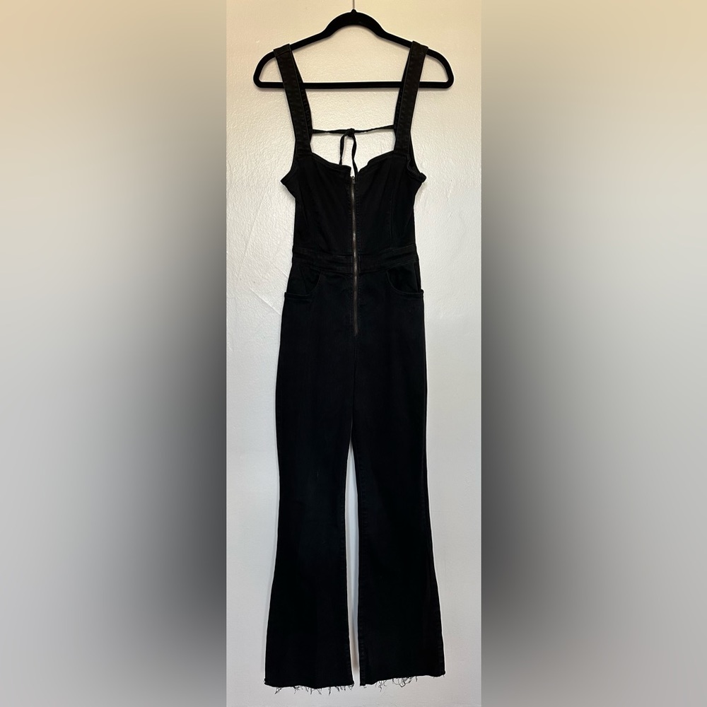 Free People CRVY 2nd Ave Black One Piece Denim Flare Jumpsuit